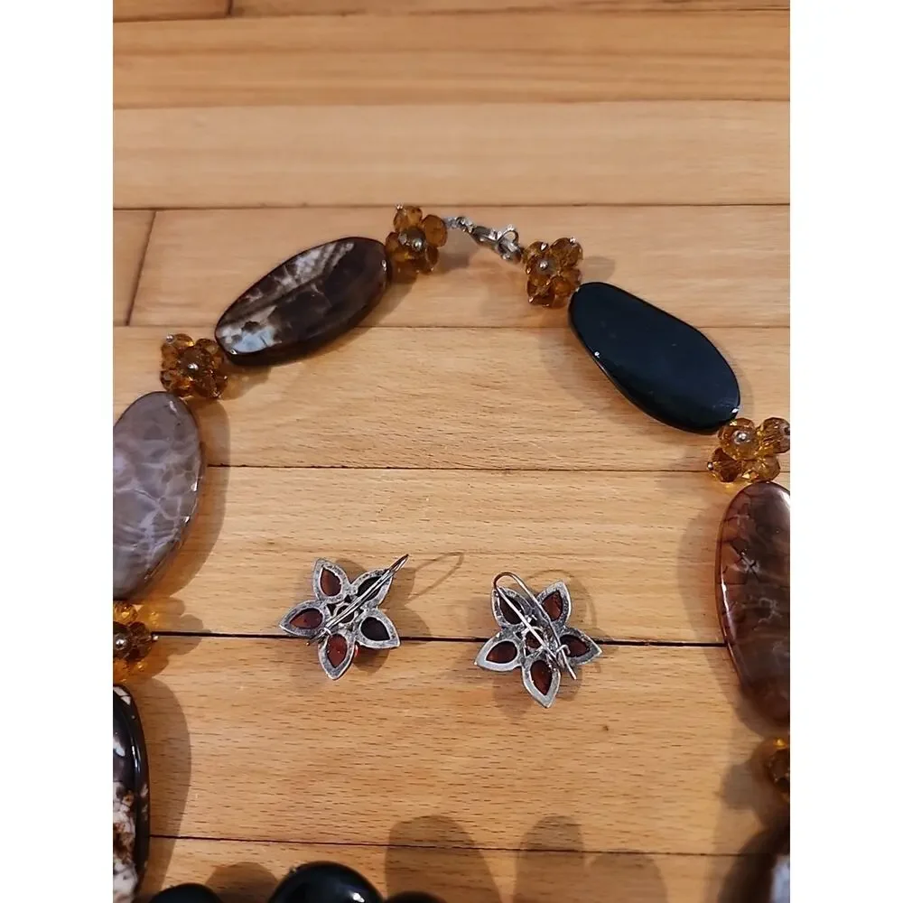 Brown Flower Beads Choker Chunky Statement Bib Collar Necklace Earrings READ